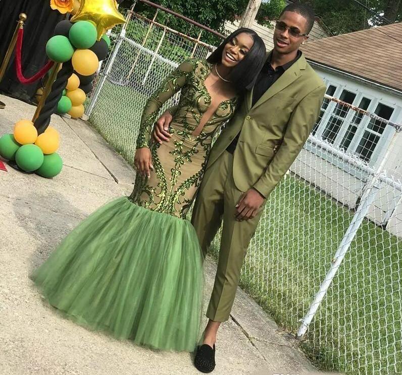 Elegant Green Arabic African Mermaid crew evening Dresses Long 2019 Black Girls Long Sleeves Prom Gowns vestido de novia Abendkleider