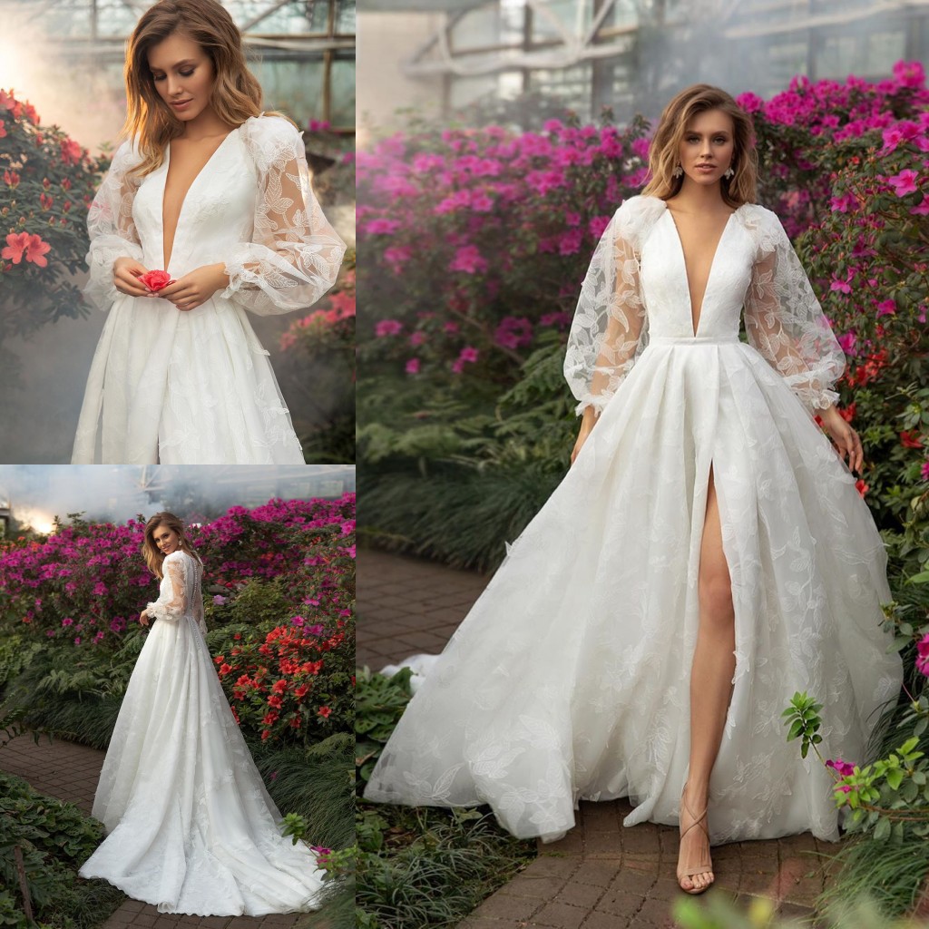 A Line Stunning Lace Wedding Dresses Deep V Neck Side Split Long Sleeves Bridal Gowns Sweep Train Robe De Marie