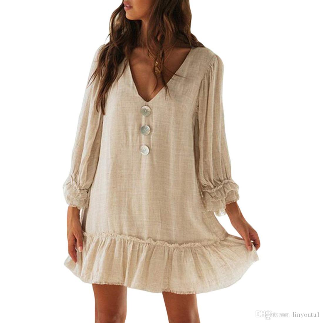 2020 Cotton Linen Fashion Summer Solid Strap Short Mini Dress Loose Dress Sundress Women's Casual Beach Party Dress Vestido de festa