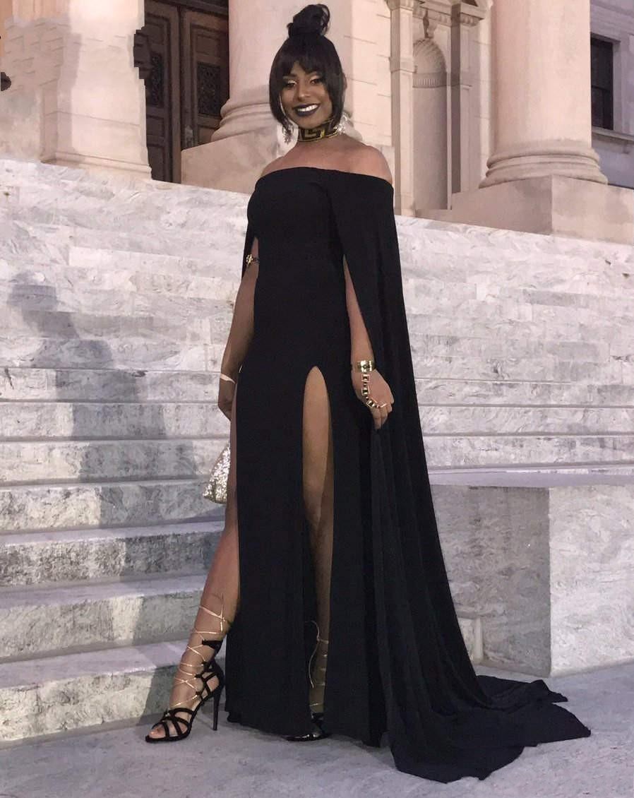 New Amazing Black Girl Side Split Evening Sexy Off The Shoulder Capped Sleeve Prom Sheath Long Red Carpet Dresses 6660306