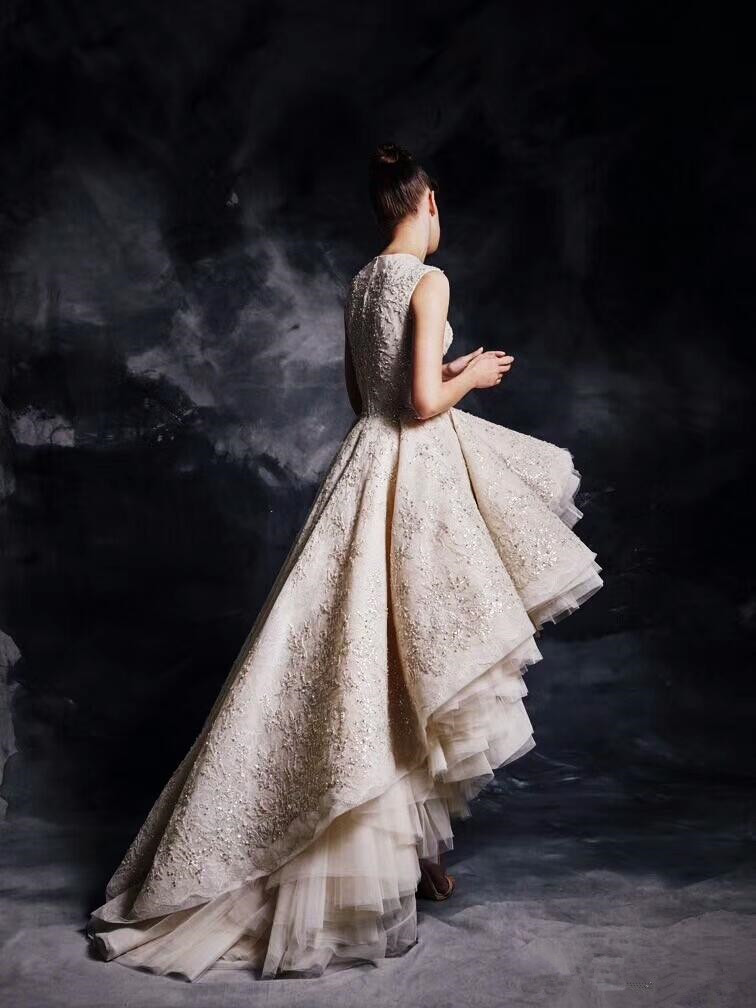 Champagne Ruffles High Low Prom Dresses 2020 Jewel Neck Luxury Lace Beaded Ashi Studio Arabic Dubai Evening Wear Gown Zuhair Murad