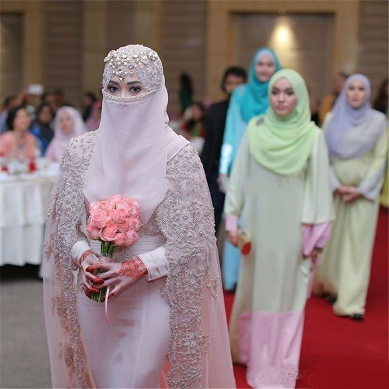 2019 Muslim Wedding Dresses High Collar Custom Made Chiffon Mermaid Wedding Dress with Lace Applique Beaded Wrap Plus Size Bridal Gowns