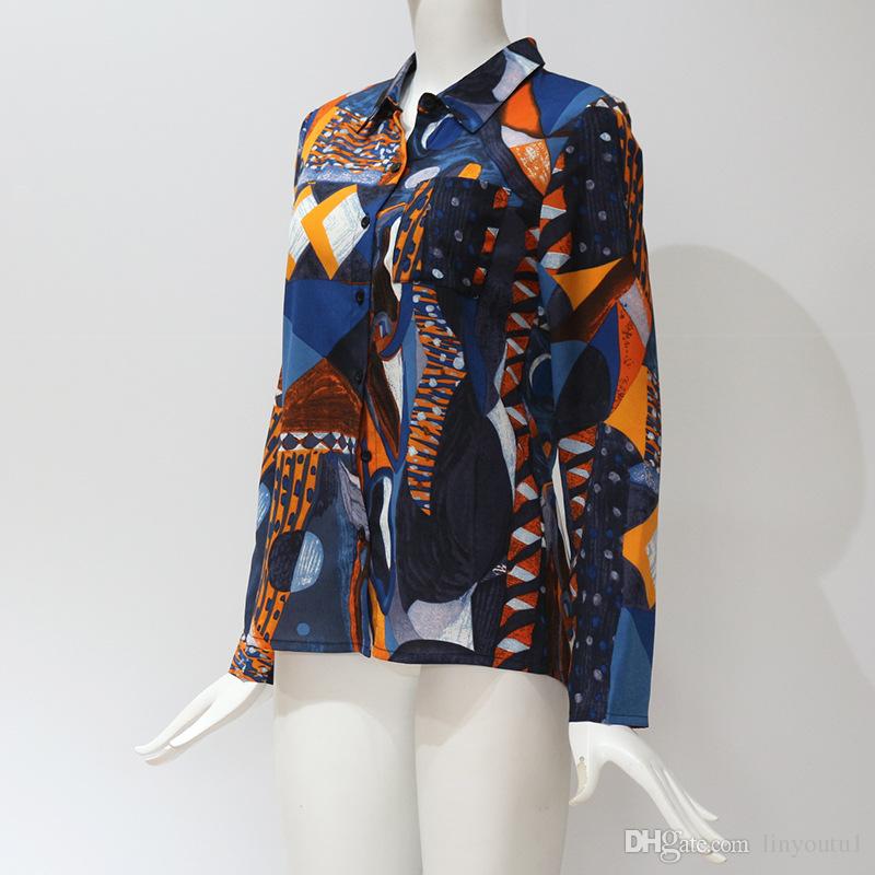 2020 Women Chiffon Blouses Long Sleeve Turn Down Collar Office Shirt Geometric Print Blouse Loose Casual Tops Plus Size Chemise Femme