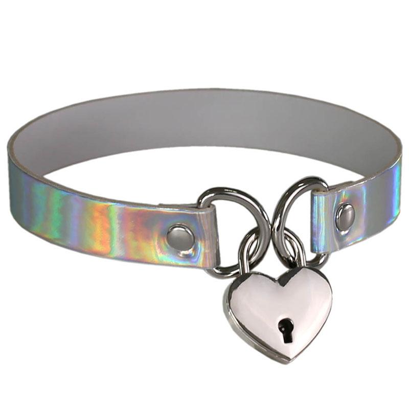 Love Heart Lock Pendant Laser PU Leather Choker Necklace Collar Sub Slave Necklaces with Key Women Statement Jewelry Girlfriend Valentine Gift