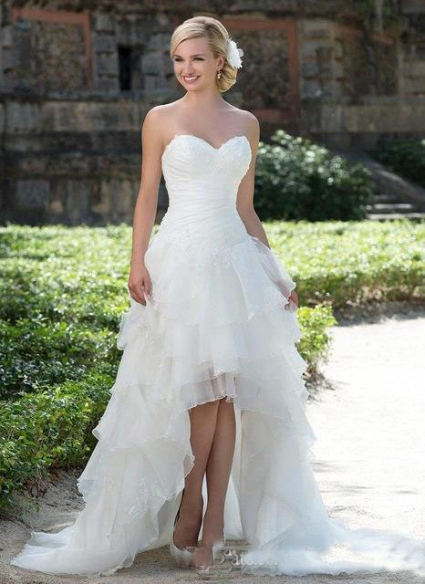 Sleeveless White Organza High Low Country Wedding With Pleated Bodice Corset Tiered Skirt Beach Bridal Dress Gown Plus Size 0521