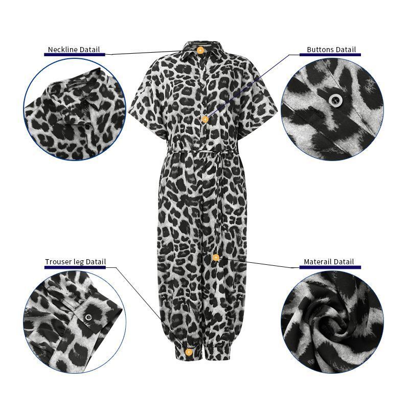 Celmia Leopard Print Rompers Women Vintage Jumpsuits Female Short Sleeve Cargo Pants Button Casual Loose Plus Size Harem Overall T200427