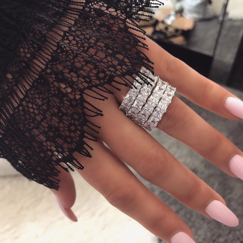 Sterg Sier Princess Cut Topaz CZ Dia Wedding Band Ring for Women