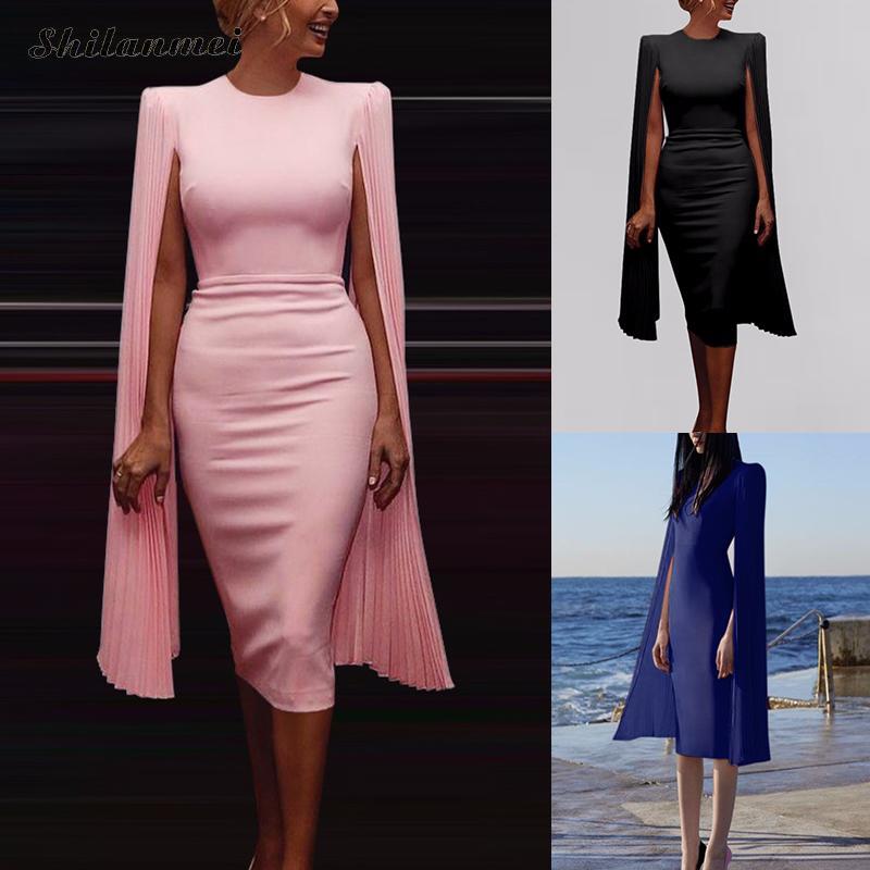 elegant Cape Sleeve Dress women slim solid sexy bodycon dress female 2019 office lady workwear vintage hip package party dresses MX200518