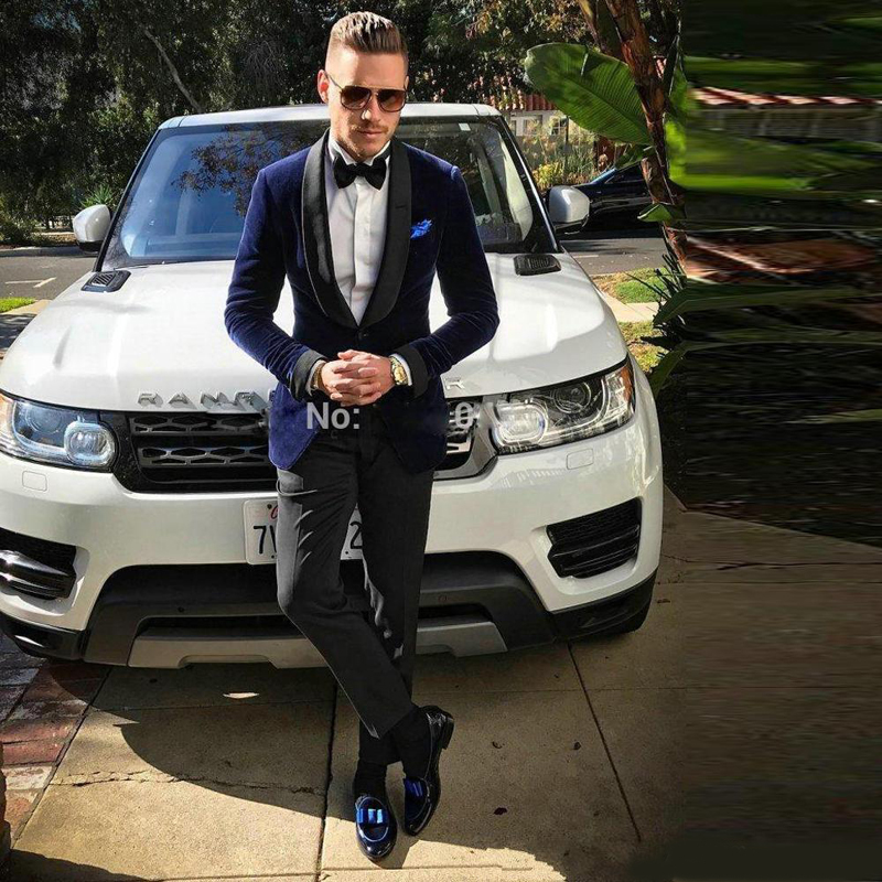 Navy Blue Corduroy Slim Fit Men's Jacket One Button With Black Peaked Lapel Formal Prom Suit Separates Blazer (Jacket +Pants +Bow)