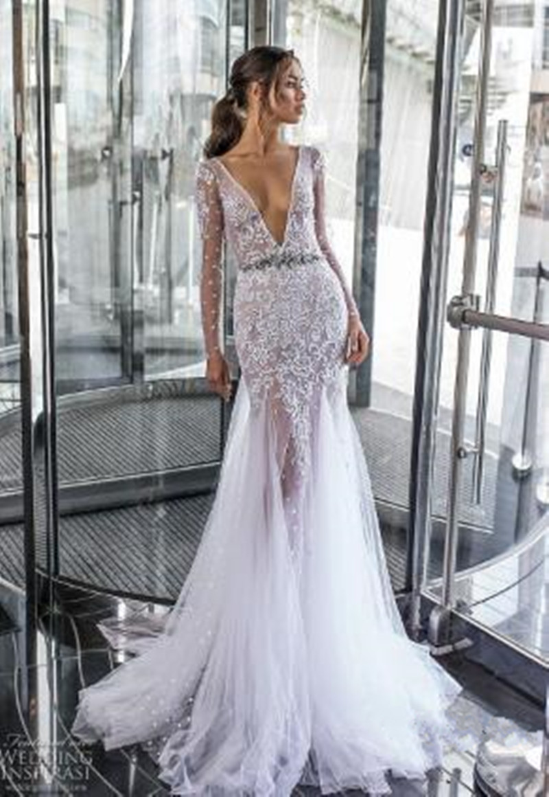 2019 Dimitrius Dalia Mermaid Wedding Dresses Bridal Gowns robe de mariée Long Sleeve V Neck Lace vestito da sposa Beach boho wedding dress