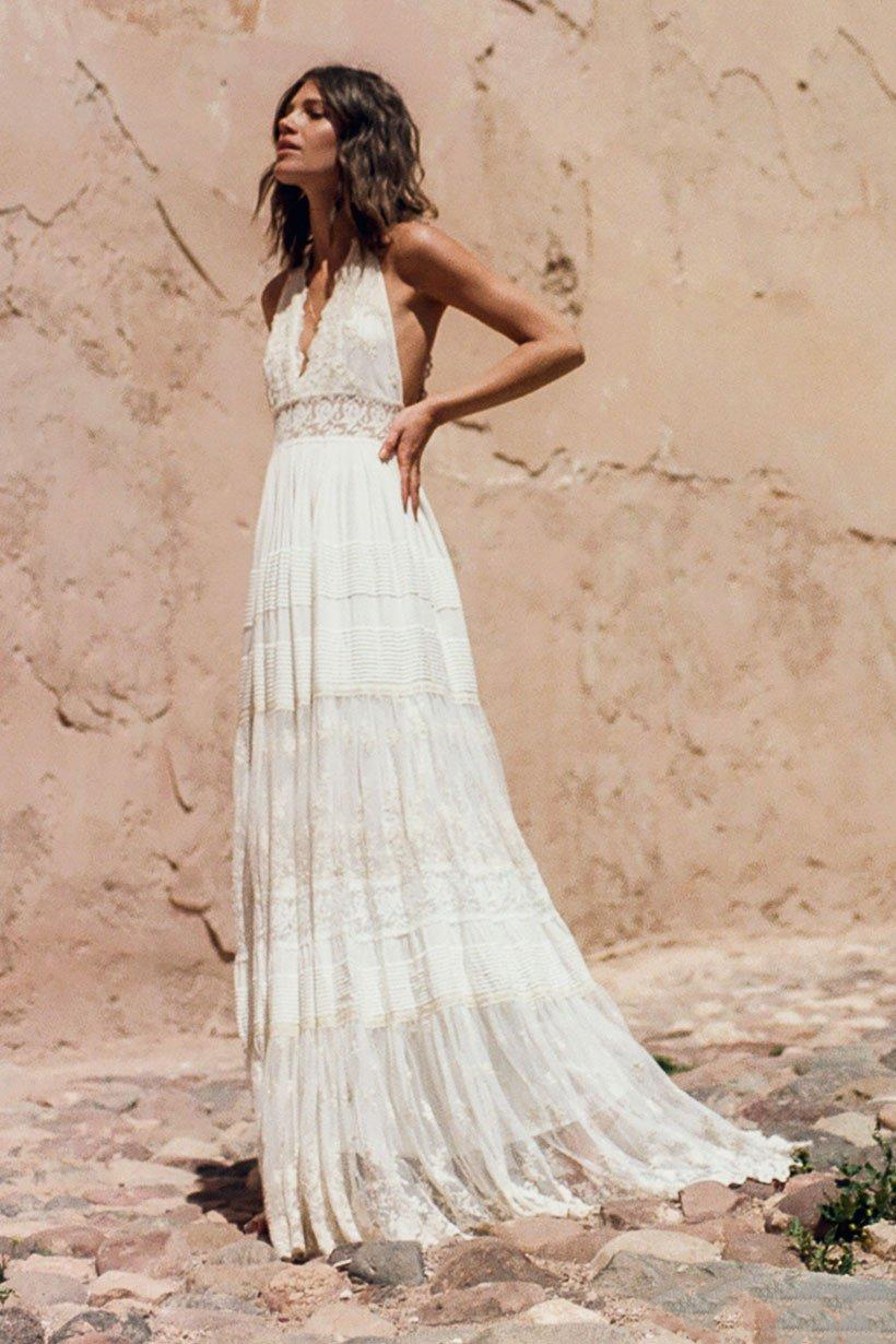 Bohemian Lace Vintage Dresses Retro Halter V Neck Backless Free People Hippie Country Style Bridal Dress Wedding Gown 0220