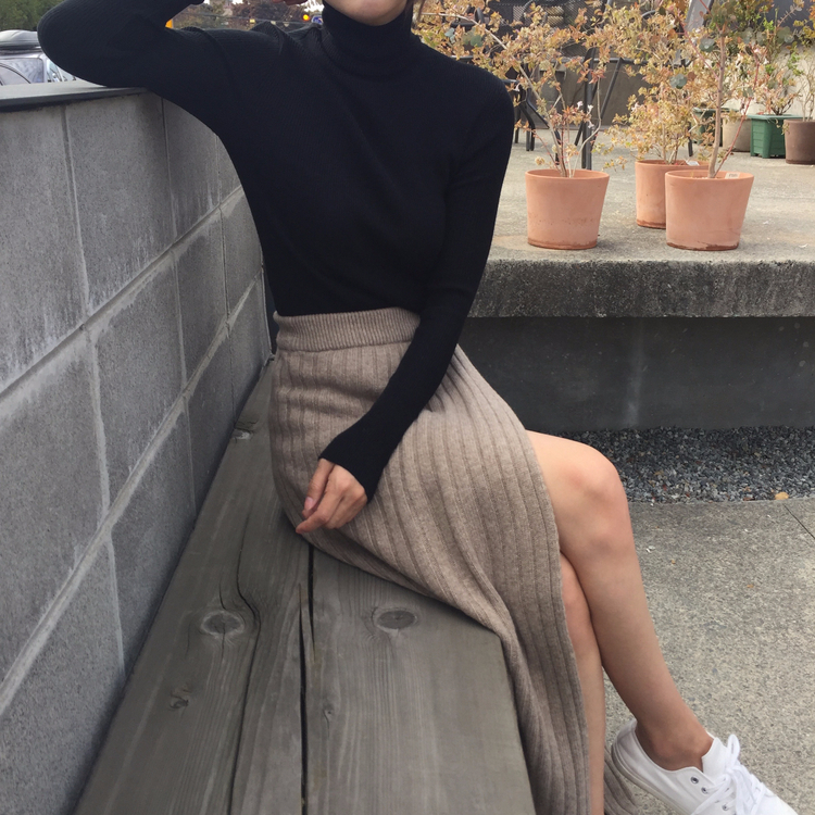 Qooth Autumn Winter Knitting Skirt High Waist Ol Long Pencil Skirt Women Open Slit Knitted Casual Vintage Maxi Skirt Qh1699 Y190428