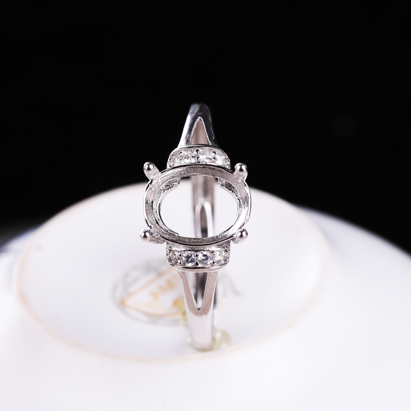 925 Sterling Silver Women Engagement Wedding Ring CZ 7x9mm Oval Cabochon Semi Mount Ring Setting fit Amber Opal Turquoise Setting