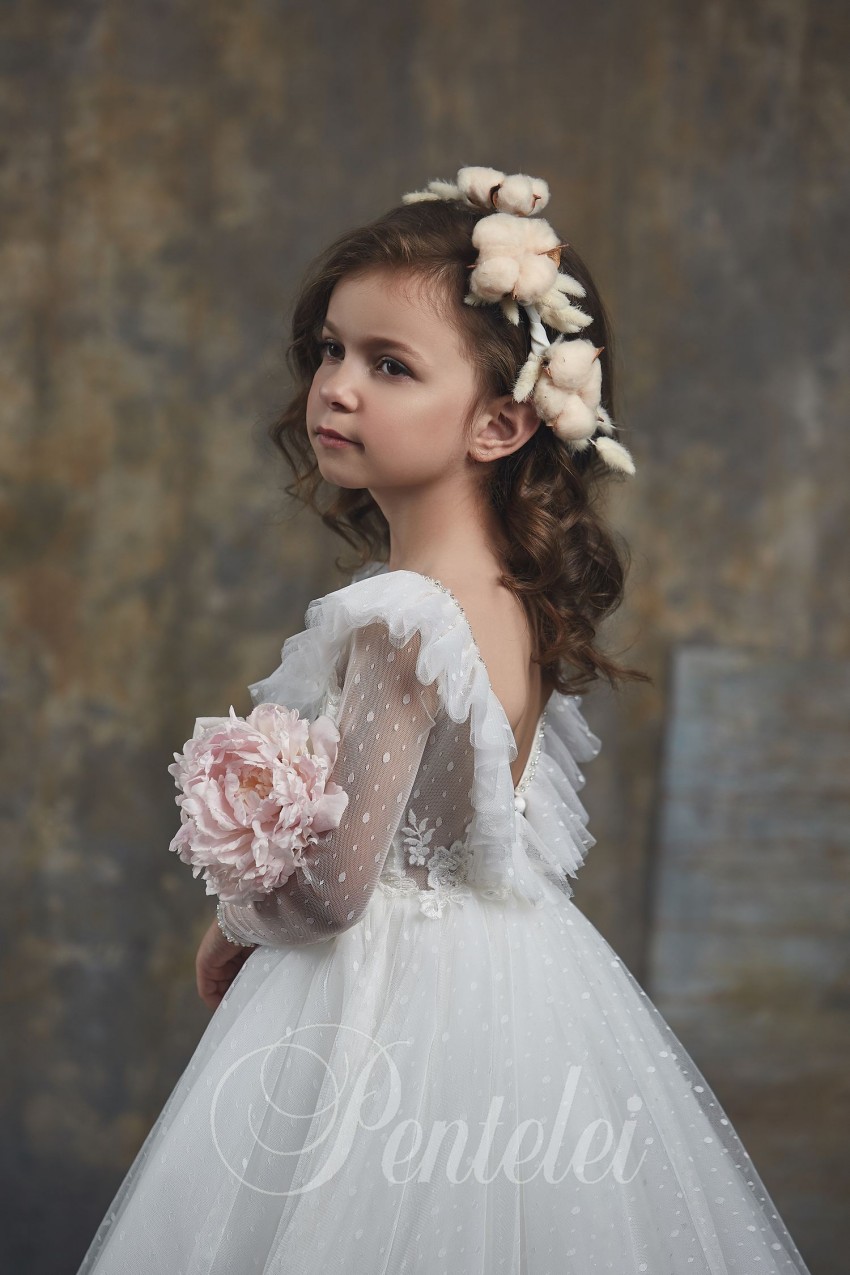 Bohemian Appliqued Backless Flower Girl Dresses For Wedding Bateau Neck Beaded Long Sleeves Toddler Pageant Gowns Tulle Kids Prom Dress 407