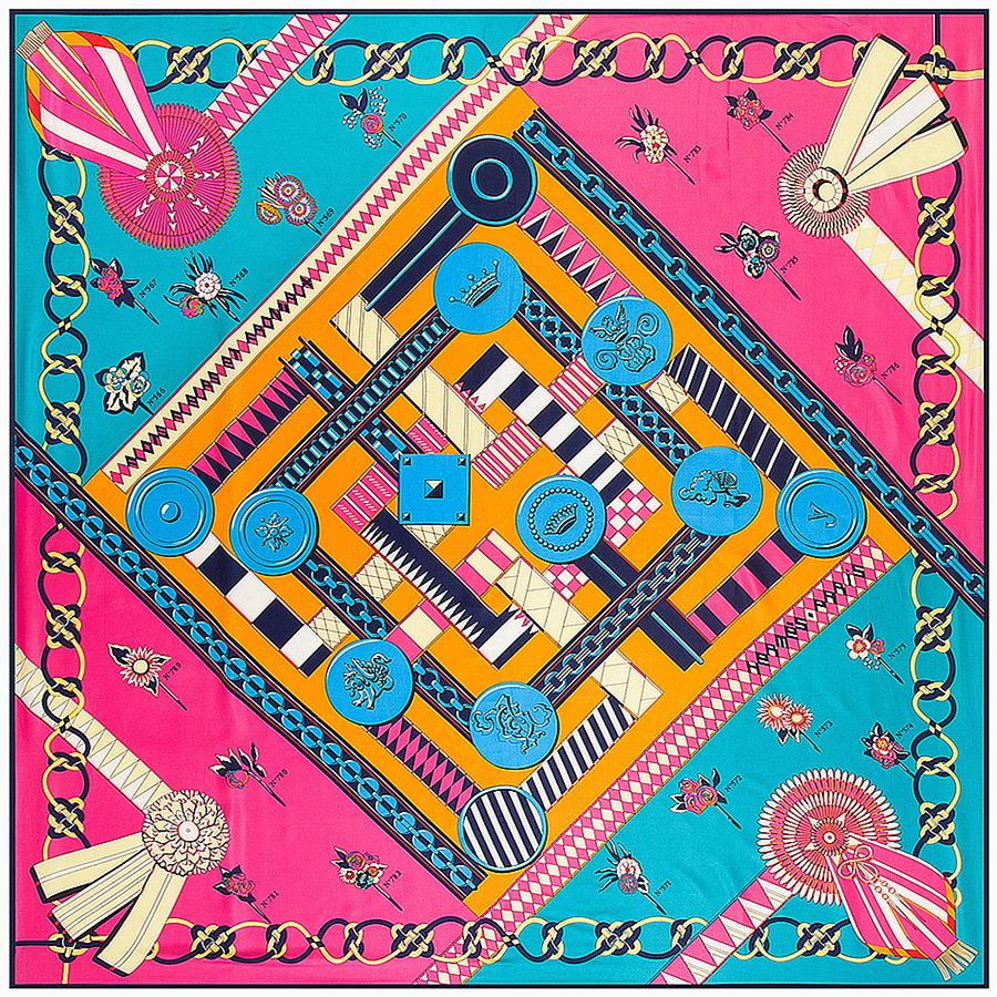 130*130cm Women Twill Silk Scarf Chain Geometric Lady Large Pattern Square Vintage Handmade Shawl Scarves