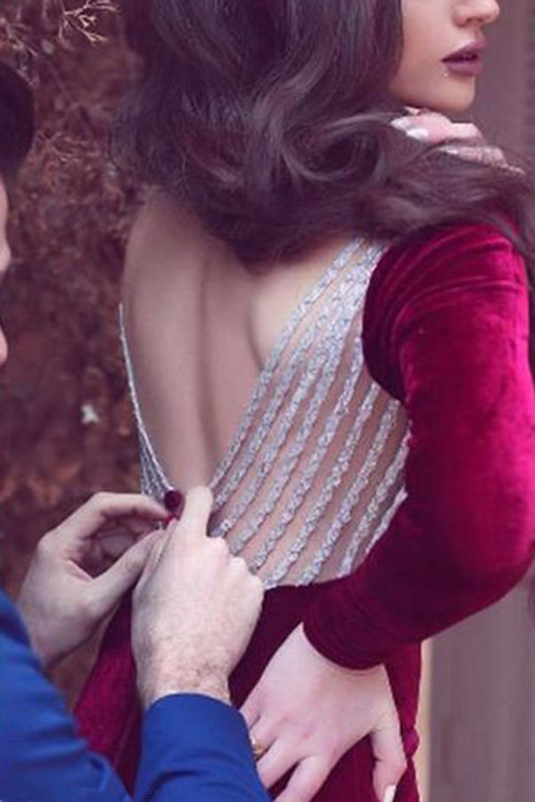 Sexy Burgundy Mermaid Prom Dresses with Long Sleeve Upscale Velvet Sequins Backless Evening Dress Dubai Custom Made Party Gowns