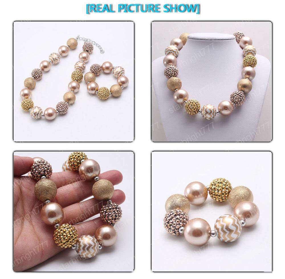 Gold Color Stripe Beads Baby Kid Chunky Necklace&Bracelet Set Fashion Bubblegum Beads Chunky Necklace Jewelry Set For Children Girl