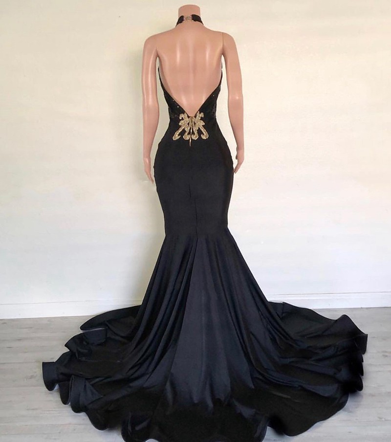Sexy Mermaid Black Prom Dresses 2020 Halter Gold Sequin African Women Backless Nigerian Black Gala Party Dress