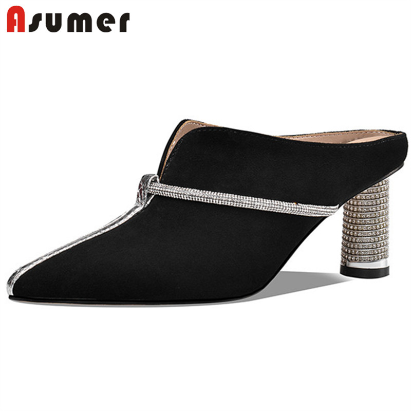 ASUMER 2020 big size 33-43 women pumps suede leather pointed toe party wedding shoes crystal elegant summer high heels ladies, Black