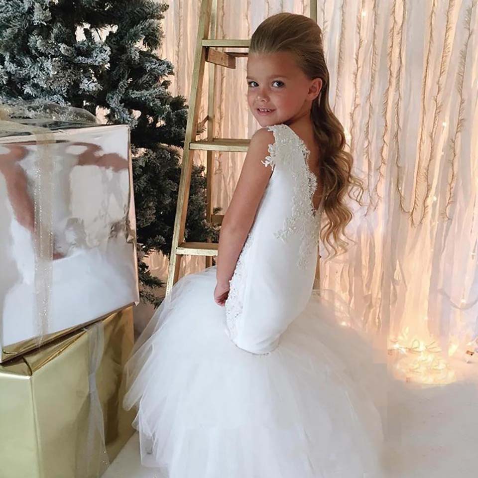 New Sweety Long Mermaid Flower Girl Dress Beaded Lace Satin Tulle Floor Length Girls Party Gowns Custom Size