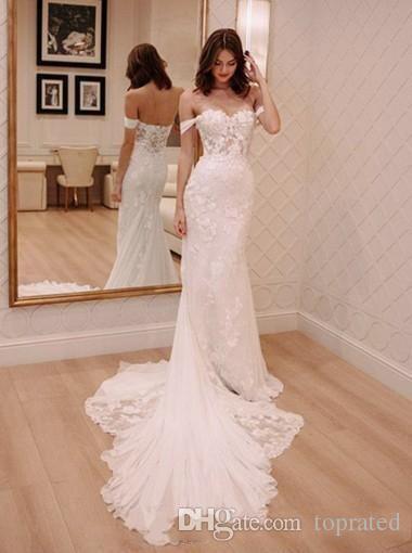 Sexy White New Mermaid Lace Wedding Dresses Modern Off Shoulder Sleeveless Appliques Sweep Train Vestidos De Novia Bridal Gowns