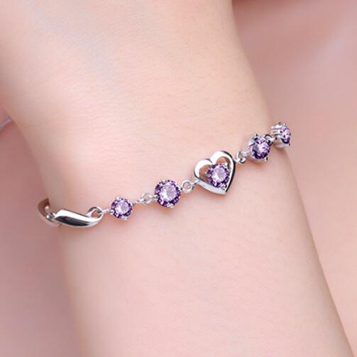 Fashion- jewelry 925 sterling silver plated bracelets purple crystal heart bracelets lovely for women hot fashion