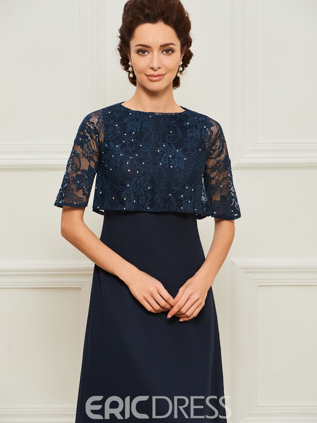 Elegant Ericdress Mermaid Mother of The Bride Dresses Jewel Half Sleeve Wedding Guest Dress Lace Applique Crystal Sweep Train Evening Gown