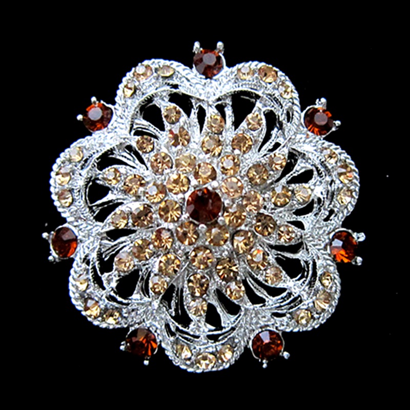 Silver Tone Large Rhinestone Crystal Round Flower Brooch