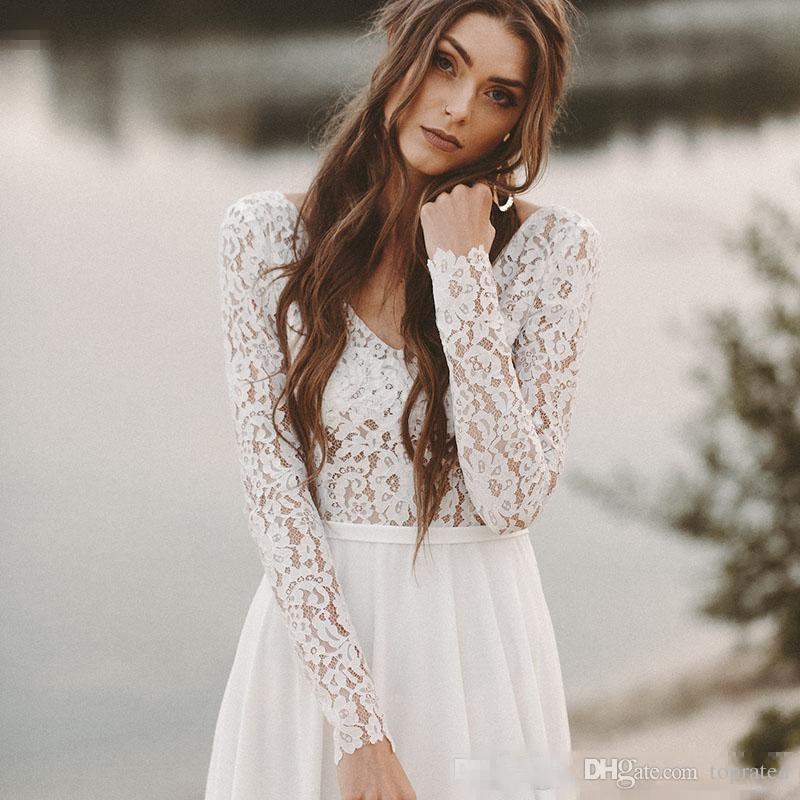 A-Line Wedding Beach Dresses 2019 Chiffon Lace Top V-Neck With Long Sleeves Backless Draped Bridal Gown Illusion Bodice Vestidos De Noiva