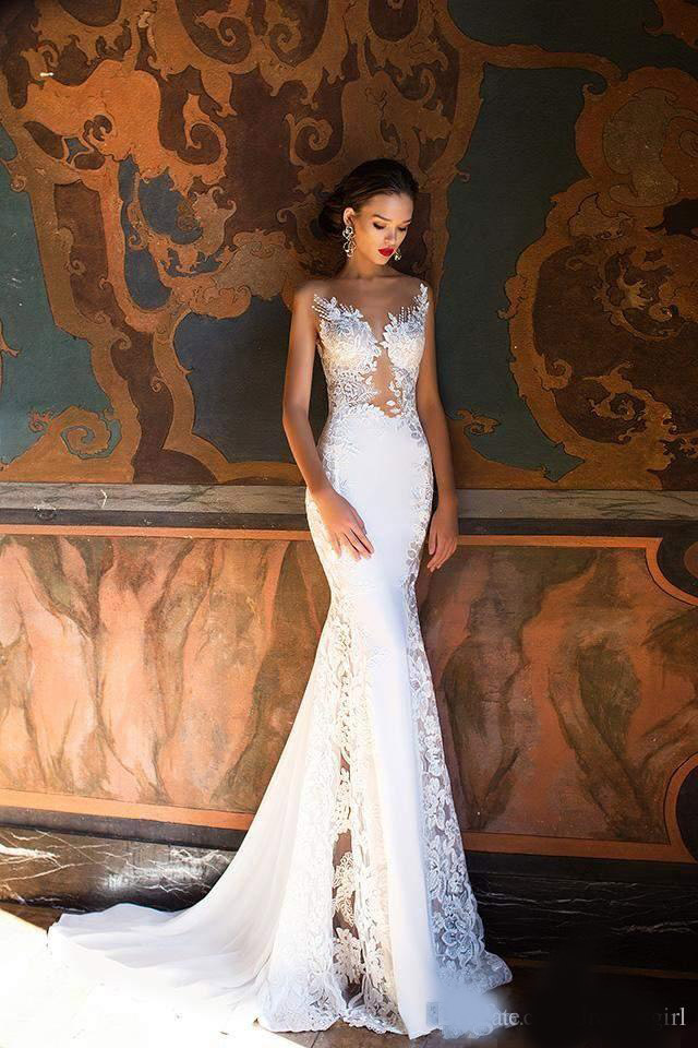 Sheer Back Lace White Mermaid Wedding Dresses Covered Button Back Scoop Neck Court Train Long Wedding Gowns Bridal Gowns 2020 New