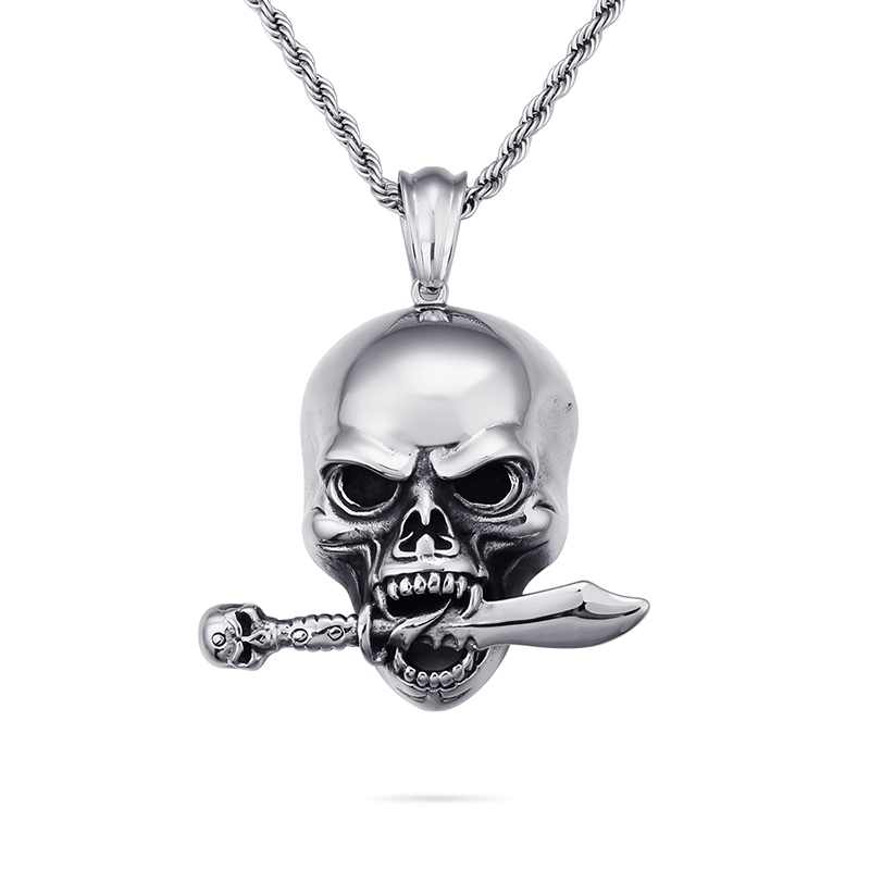Skeleton Skull Knife Pendants Necklace Cool Men Punk Hip Hop 316L Stainless Steel New Fashion Casting Jewelry