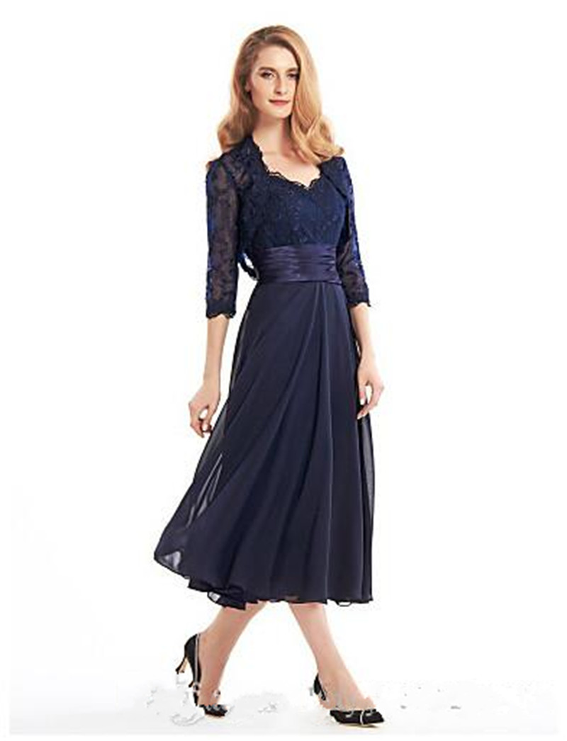 2019 New Tea-length 3/4 Length Sleeve Chiffon Lace with Lace A-line Mother of the Bride Dress vestidos de novia