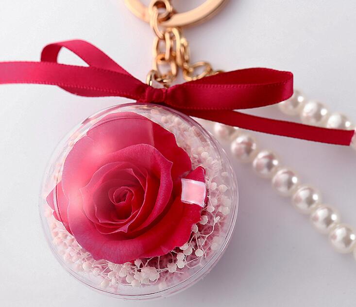 Preserved Rose Flower In Acrylic Ball Key Chain Immortal Flower Tassel Romantic Gift Valentine's Day Birthday