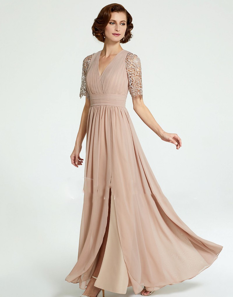 2019 Champagne Mother Of The Bride Dresses Lace Appliqued Short Sleeve Chiffon Custom Made Wedding Guest Dress Plus Size Prom Gowns