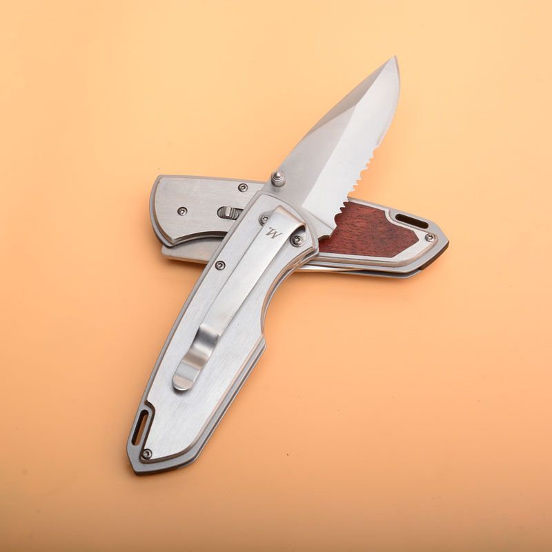 High Quality Survival Folder Knife 440C Half Serrated Satin Blade Wood + Steel Handle EDC Pocket Folding Knives