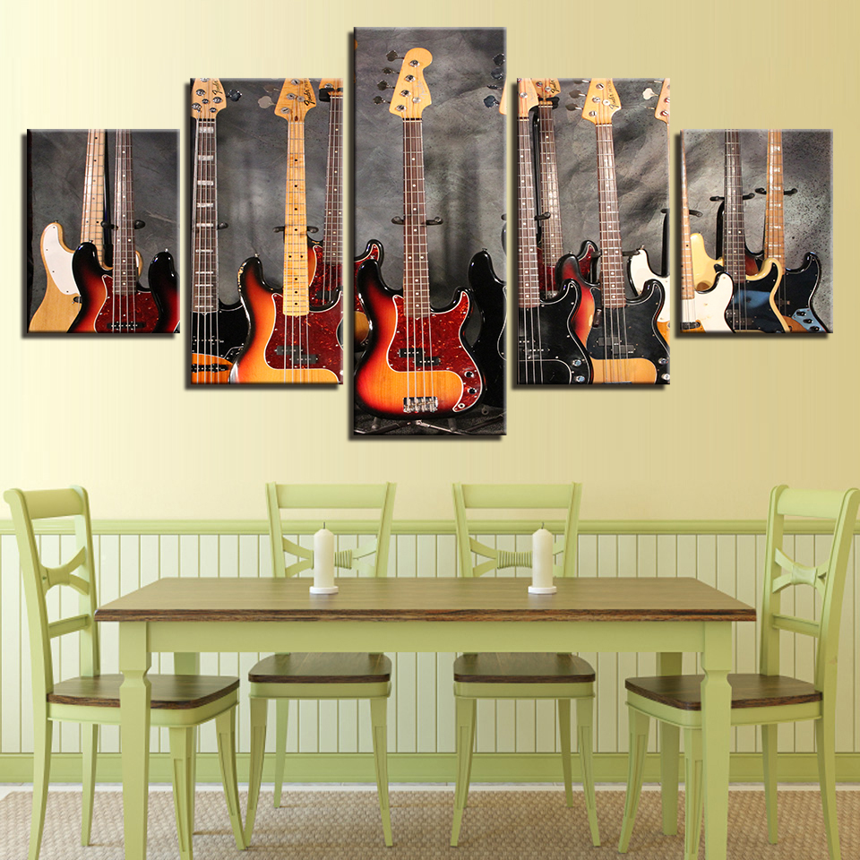 Canvas Paintings Modular Wall Art Prints 5 Pieces Bass Guitar Collage Pictures Music Poster For Living Room Home Decor No Frame