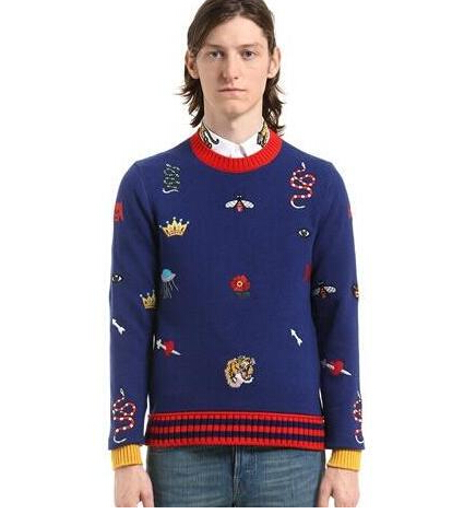 Fashion-Autumn Men's Sweater Bee Tiger Snake Pattern Embroidery Cashmere Material Fashion Sweaters Dark Gray And Blue Two Colors