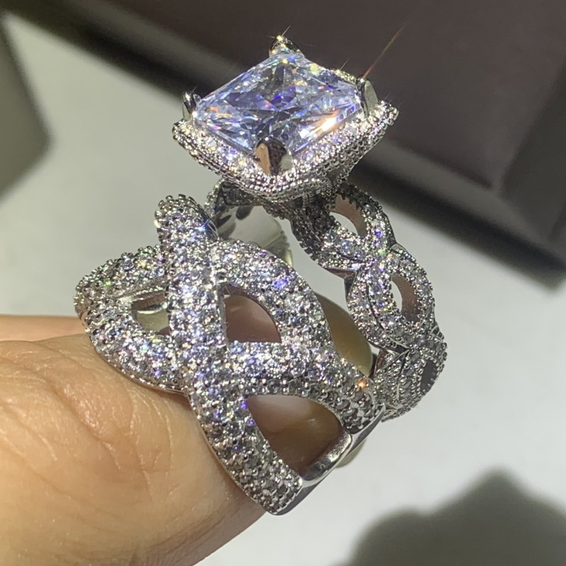 US Size 5-10 Hip Hop Vintage Fashion Jewelry 925 Sterling Silver Couple Rings Princess Cut White Topaz CZ Diamond Wedding Bridal Ring Set