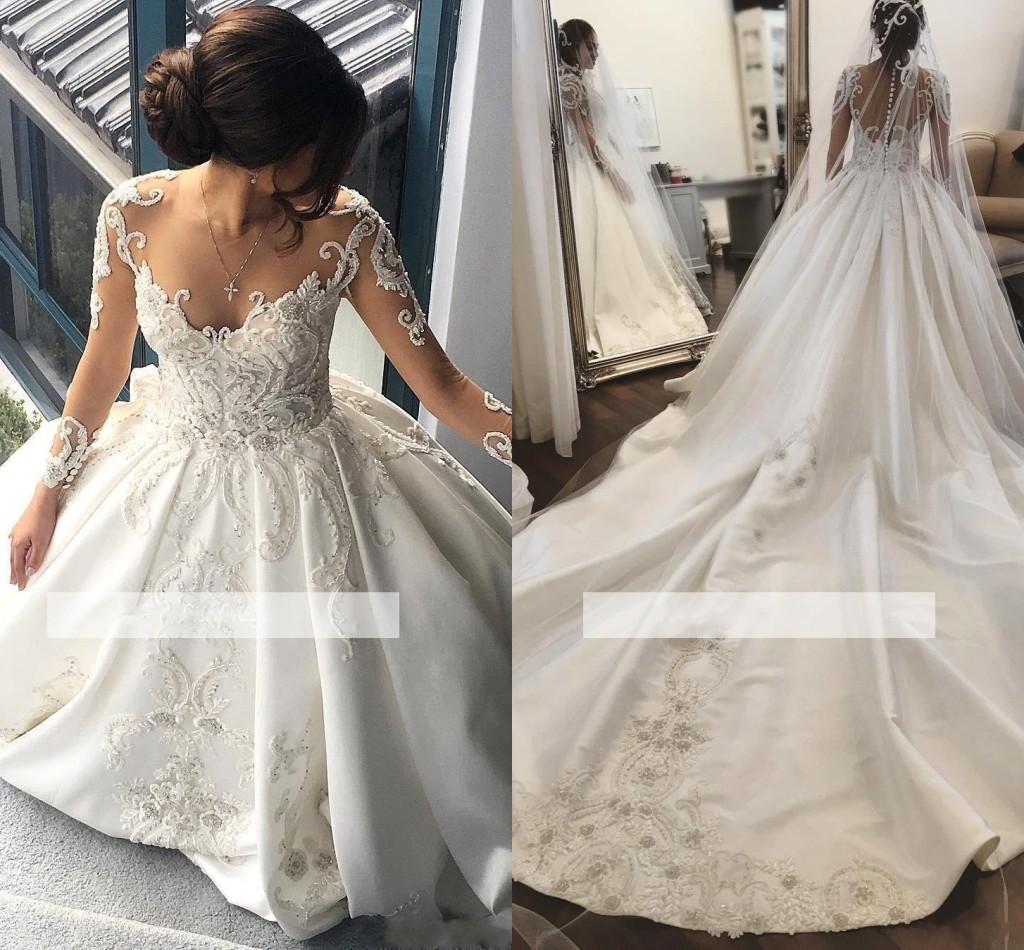 Vintage Illusion Long Sleeves Wedding Gowns Dress Lace Applique Beaded Sheer Neck Backless Ruffled Long Train Satin Bridal Gown