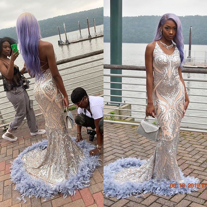2020 African Silver Feather Mermaid Prom Dresses Long V Neck Mermaid Evening Dress Lace Reflective Gowns, Blue
2020 African Silver Feather Mermaid Prom Dresses Long V Neck Mermaid Evening Dress Lace Reflective Gowns, Blue