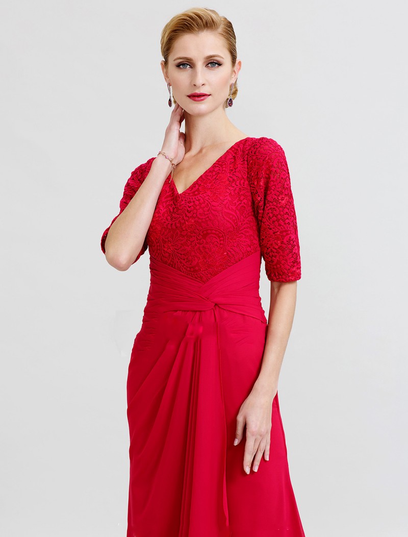 red mother of the bride dresses v neck half sleeve lace appliqued floor length chiffon mothers dresses plus size wedding guest dress