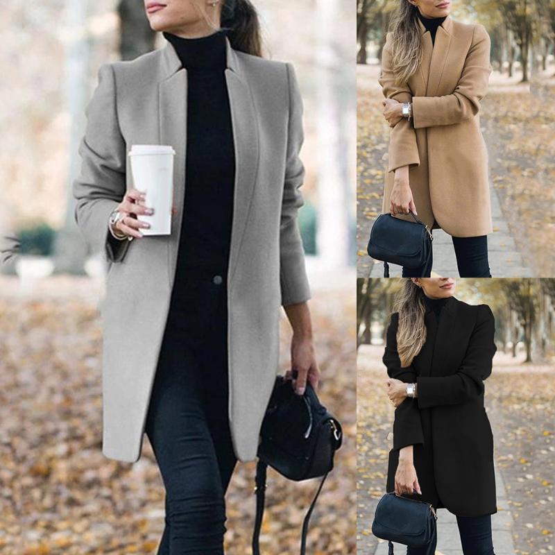 2020 New Plus Size Womens Woolen Coat Office Lady Autumn Solid Color Stand Collar Woolen Long Coat Cardigan For Womens Clot