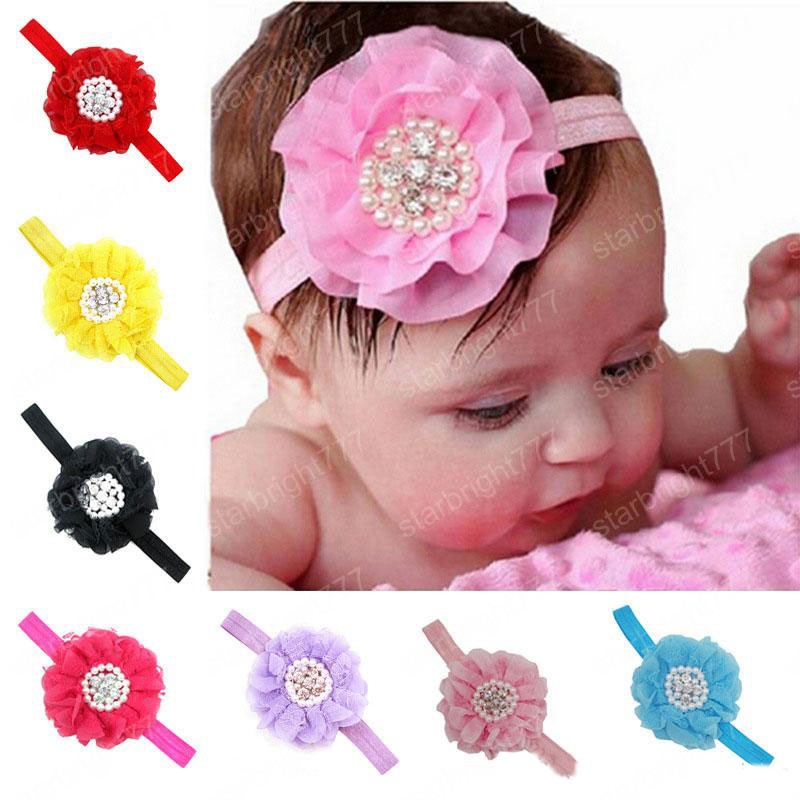 Hot selling Baby Headbands Flower Rhinestone Pearl Rose Children Hairbands Girls Headdress Infant Kids Chiffon Hair Accessories