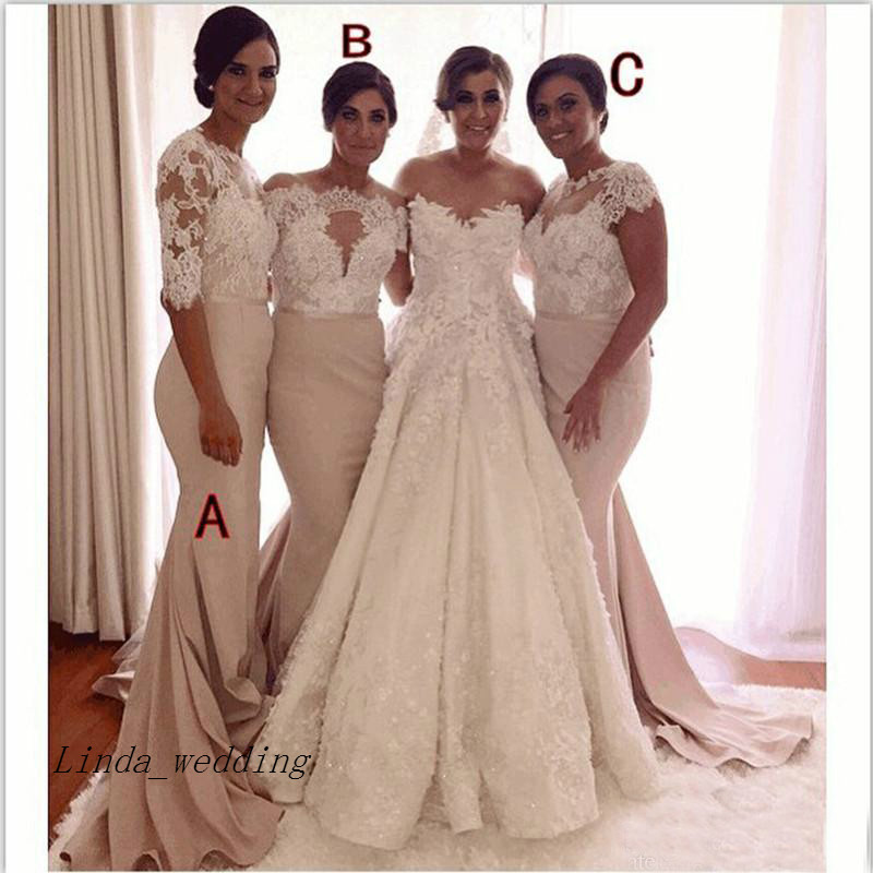 Lace Long Mermaid Bridesmaid Dress Cheap Half Sleeve Sweep Train Zipper Formal Maid of Honor Gown Plus Size Custom Made
