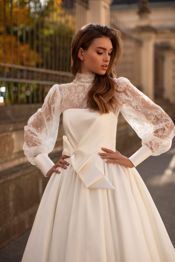 Modest A Line Millanova Wedding Dresses Long Sleeve High Neck Tulle Satin Sequins Pearls Wedding Gowns Floor Length robe de mariée