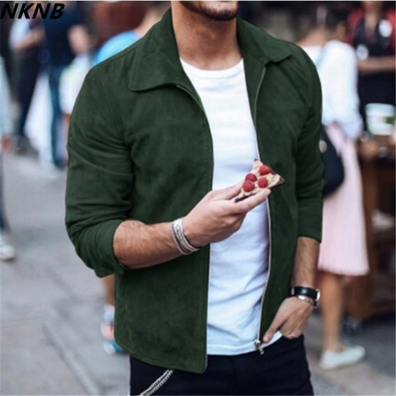 2018 New Men's Slim Fit Suede Jacket Coat Male Autumn Turn down Collar Zipper Jackets Coat Solid Color Outerwear S-3XL