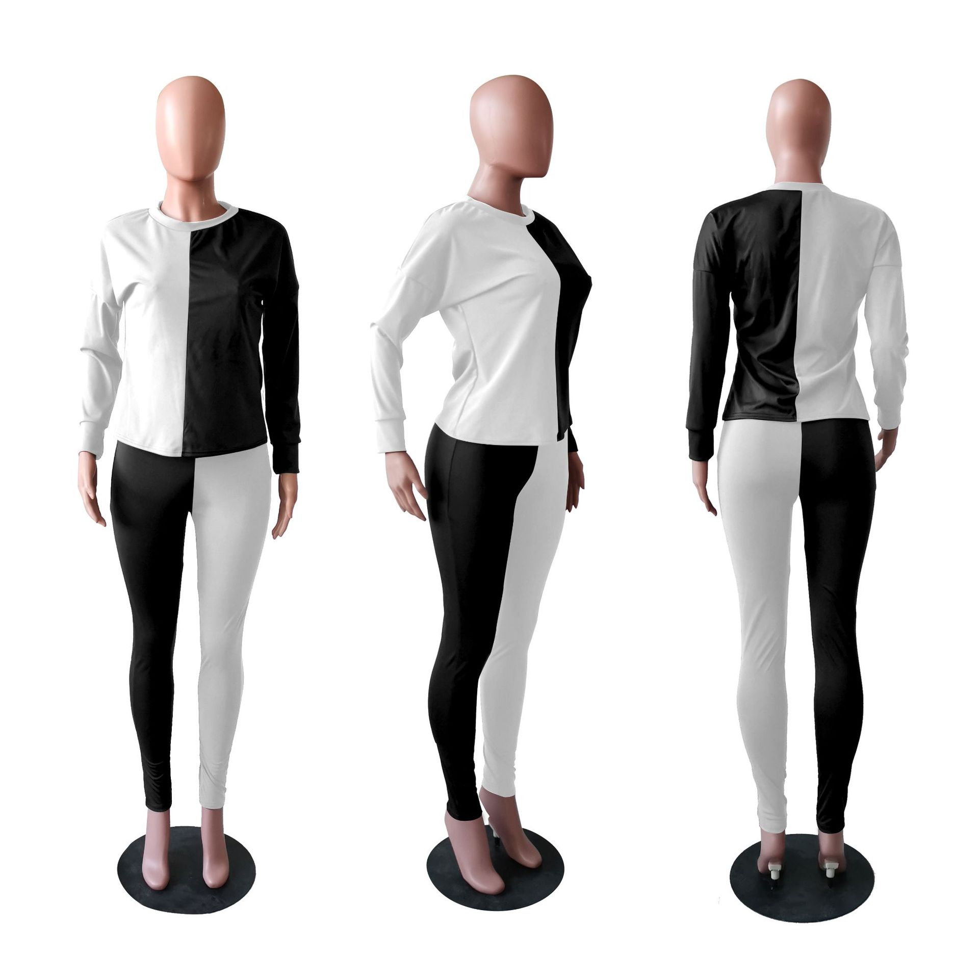 Spot Pants European-style spring and summer fashion round neck long-sleeved casual street solid color comfortable trouser suit