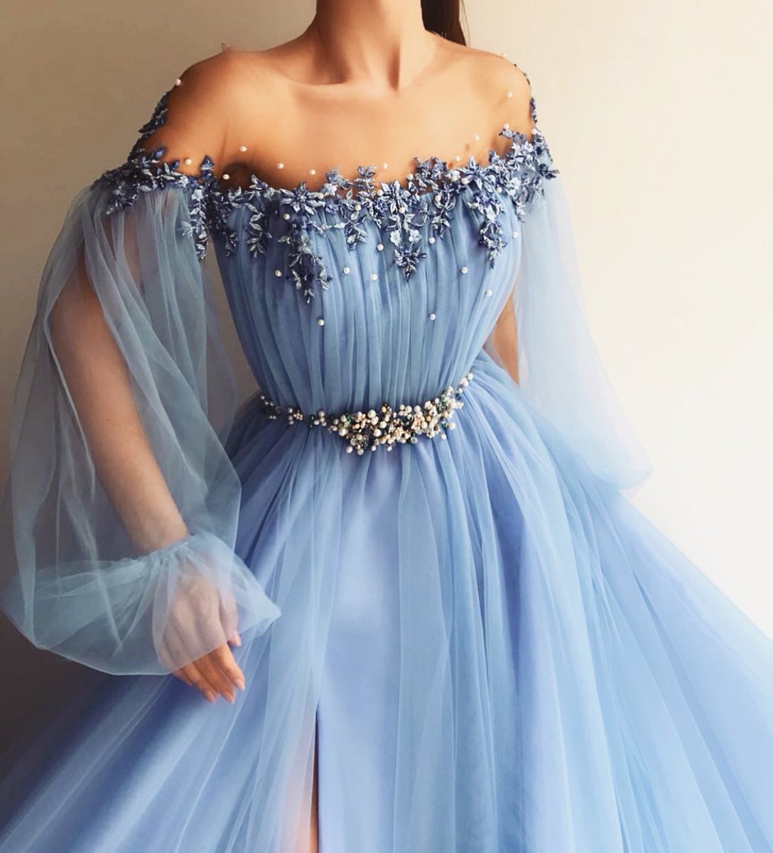 Fairy Sky Blue Prom Dresses Appliques Pearl A Line Jewel Poet Long Sleeves Formal Evening Gowns Front Split Plus Size vestidos de fiest