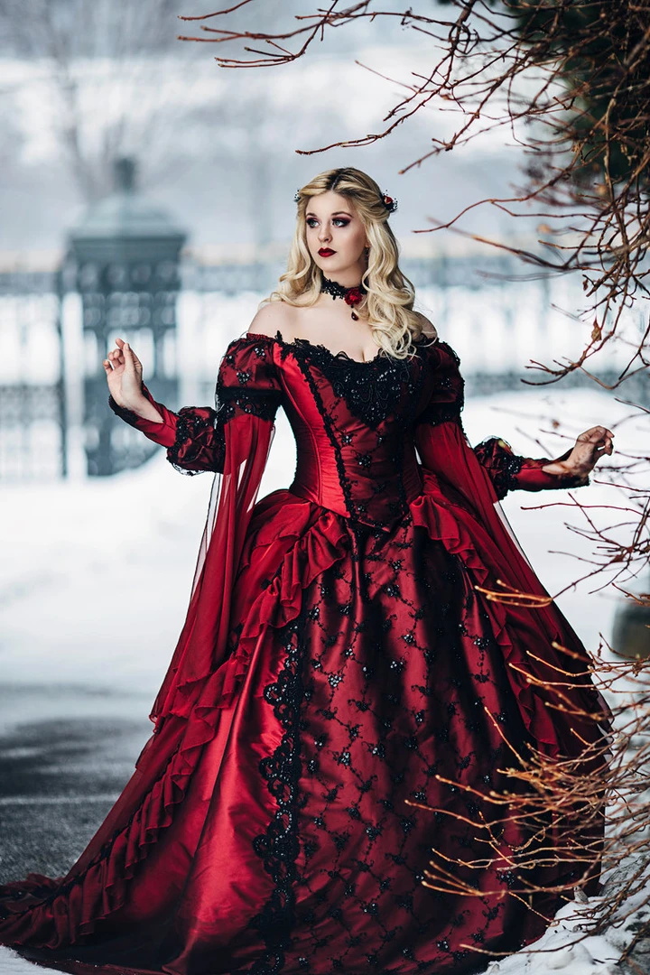 Red Romantic Wedding Dresses Off The Shoulder Black Lace Appliques Vintage Gothic Bridal Vestidos De Novia Sweep Train Boho Wedding Gowns