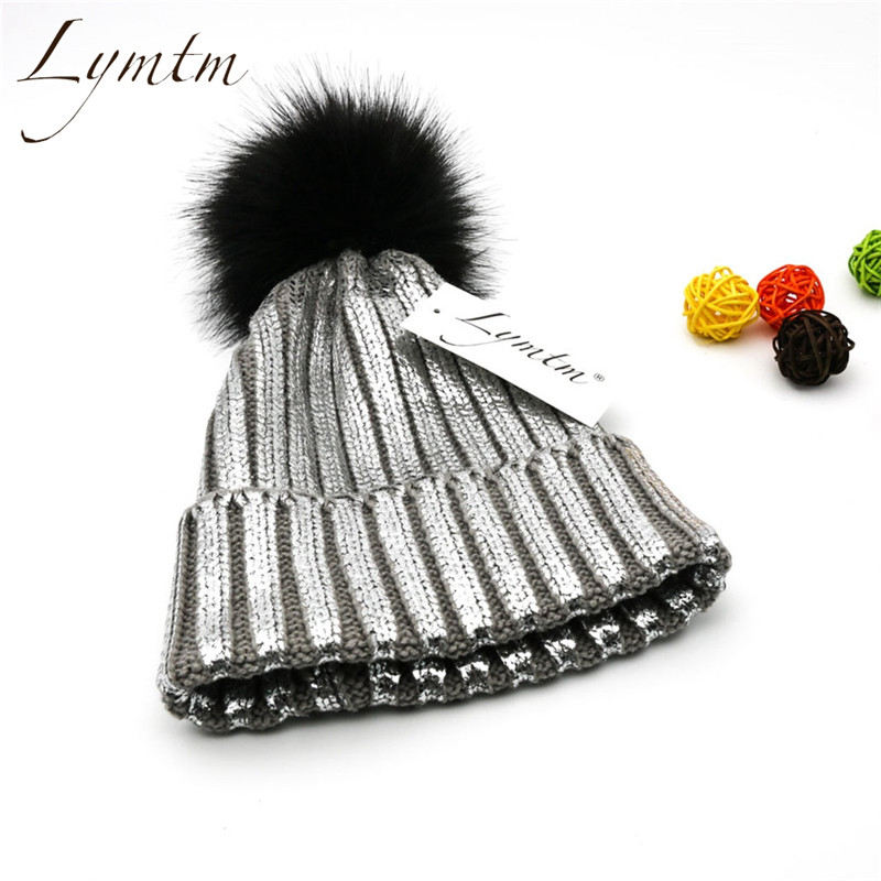 Winter Silver Bronzing Snap Fastener Pompom Knitted Beanies Hat Women Faux Fur Pompon Warm Ski Skullies Beanie High Quality S18120302